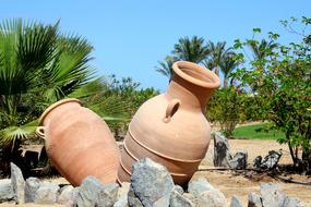 photo of two clay vessels against the background of green palm trees in the park