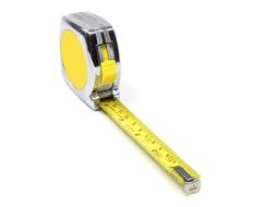 Yellow measure tape with numbers, at white background