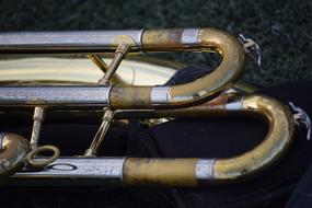 Close-up of the shiny, colorful musical horns