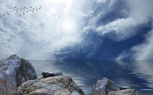 flock of birds flies over the sea against a cloudy sky