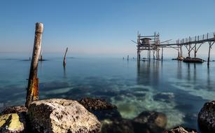 old wooden pier on sea, italy, Trabocchi Coast