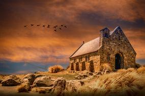 Church Sunset and bird drawing