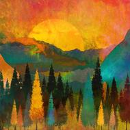 trees mountains sunrise drawing