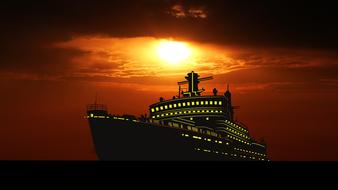 Beautiful, black ship with yellow lights on the water, at colorful sunset in the evening