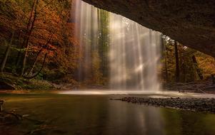 Beautiful waterfall pouring into the pond, among colorful plants of the forest, in autumn