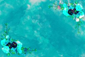 Beautiful, turquoise drawing of different shades with turquoise, violet, pink and blue flowers