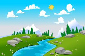 winding river on hill at distant mountains, summer landscape, drawing