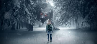 girl stands near a big dog in the forest, fantasy