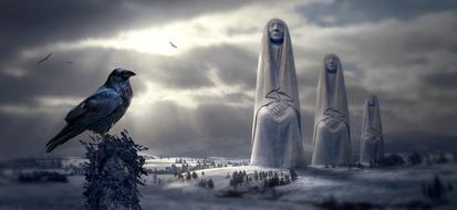 fantastic image of a raven bird on a background of stone statues