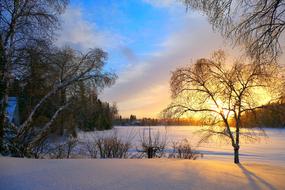 winter Sunset over rural Landscape, canada, quebec