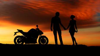 silhouettes of a couple in love and a motorcycle against the evening sky