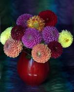 red Vase with dahlia Flowers