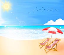 two chairs under umbrella on sand beach, drawing, background