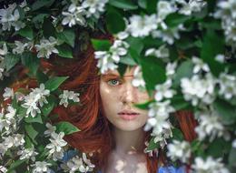 red-haired girl in a thicket of white bush