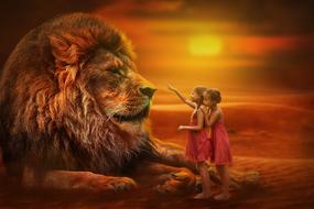 Twins, two child girls and giant lion, collage