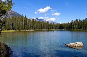 Beautiful landscape with the Grand Teton's String Lake, among the green trees and mountains in Wyoming, USA