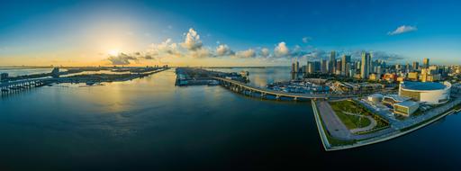 scenic Panorama of coastal city at sunrise, usa, Florida, Miami