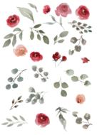 watercolor red flowers and green leaves