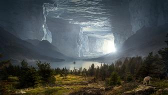 Beautiful landscape of the colorful trees and lake in the cave in light