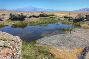Beautiful and colorful pond with the green plants in Erciyes, in Turkey, at blue sky on background