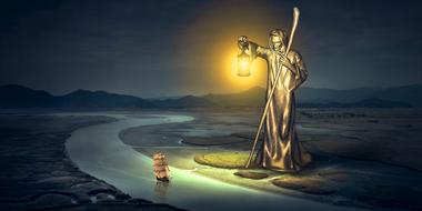 Fantasy digital art, sailing ship on river near giant human Statue with lantern at dusk