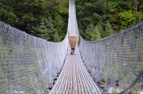 Beautiful landscape with the man on the bridge, among the green trees on Himalayas in Pokhara, Nepal