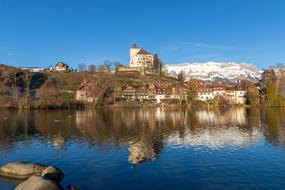 castle by the lake on a background of snowy mountains