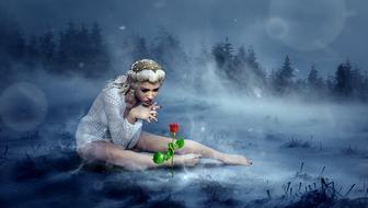 photomontage of a girl with a red rose on the snow in the forest