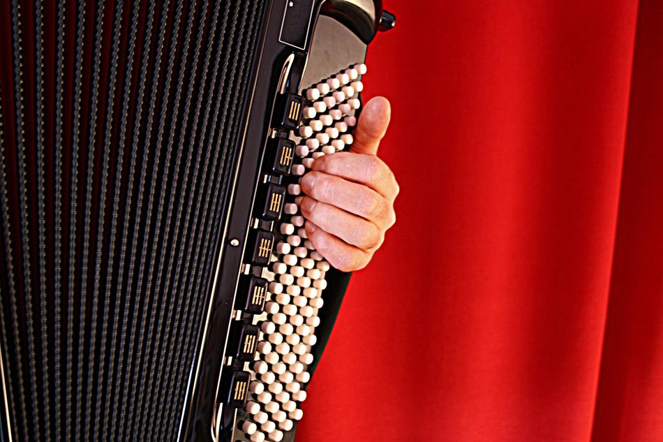 Person, playing on the beautiful accordion at background with red curtain