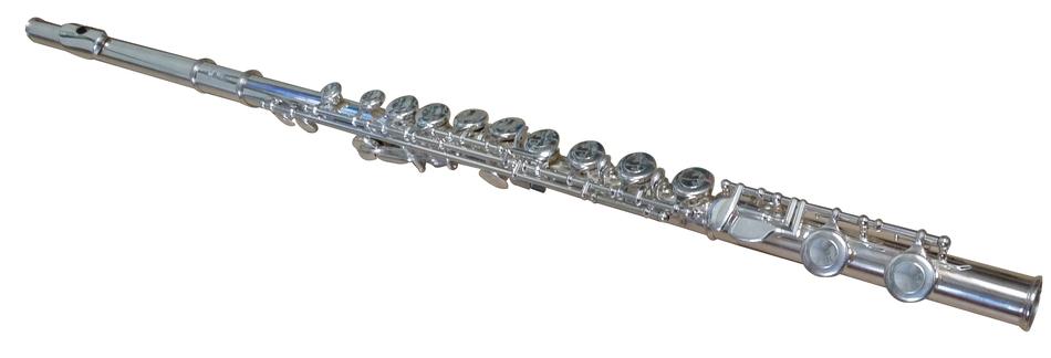 diagonal photo of a silver flute