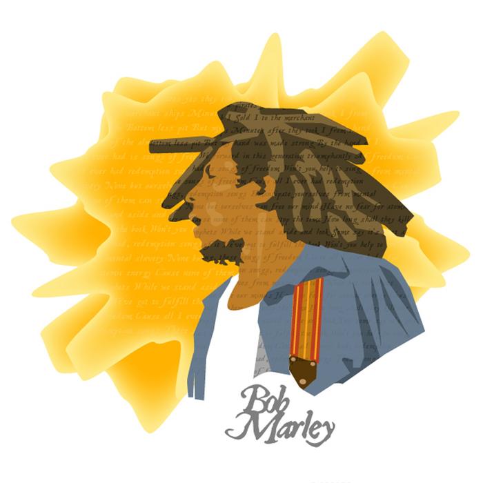 Beautiful and colorful drawing of Bob Marley, with the sign, near the yellow shapes, clipart