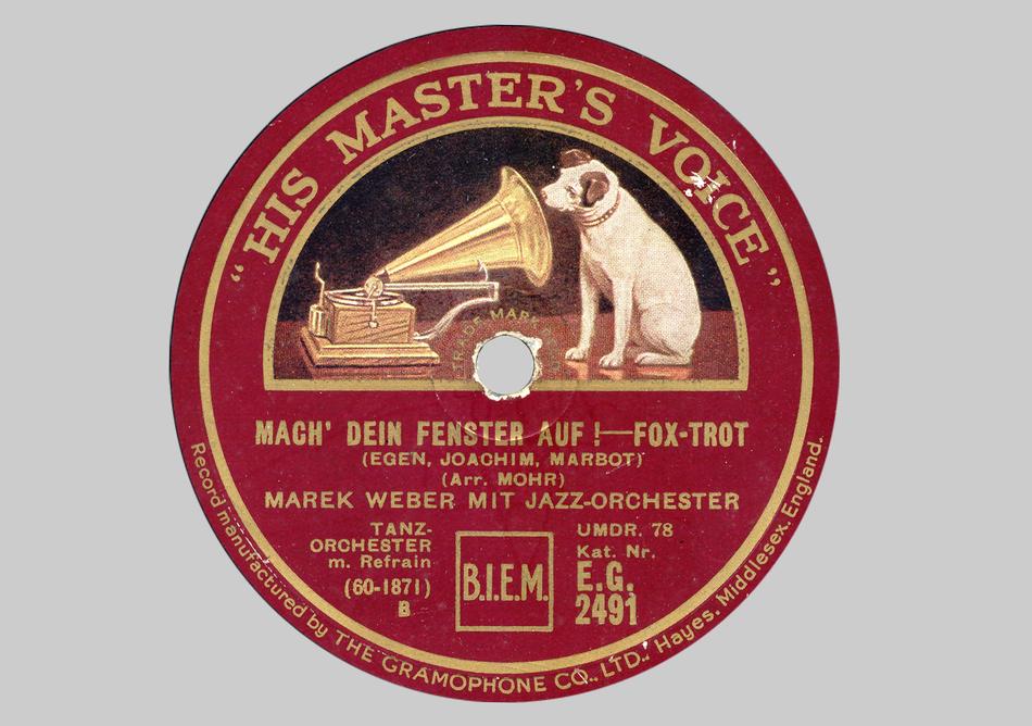Beautiful and colorful, vintage shellac disk, with the cute dog