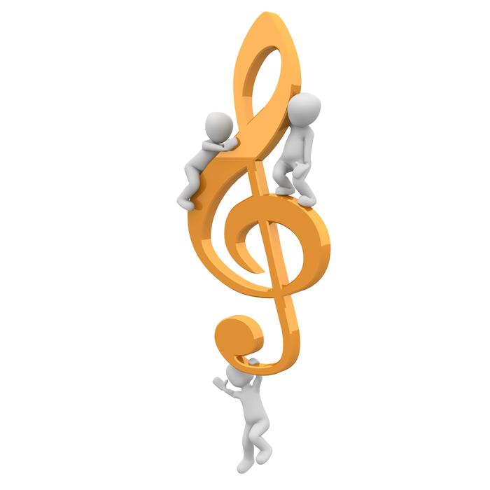 White figures, dancing around the orange note, on clipart