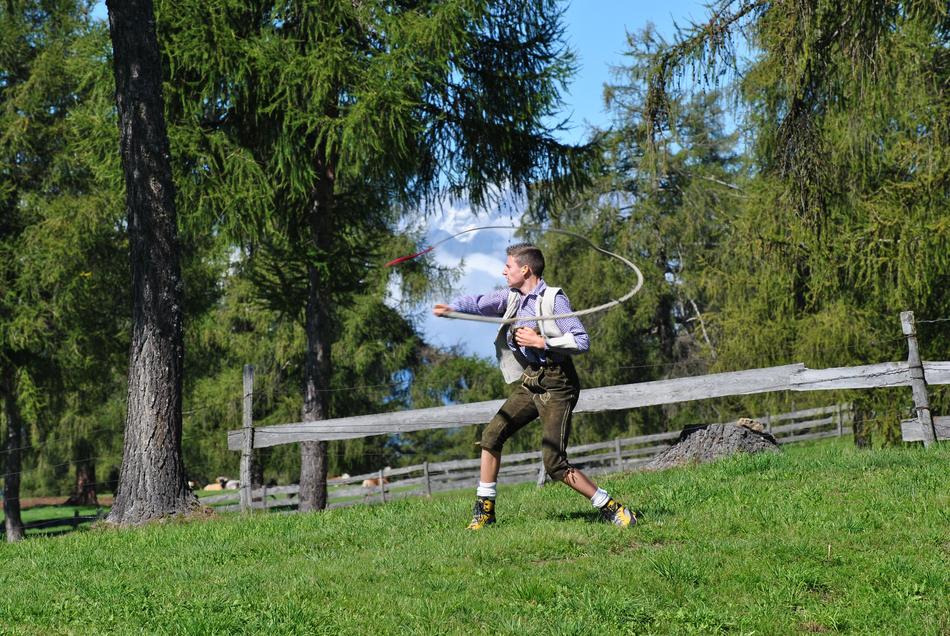 Man on the green field in San Genesio in summer