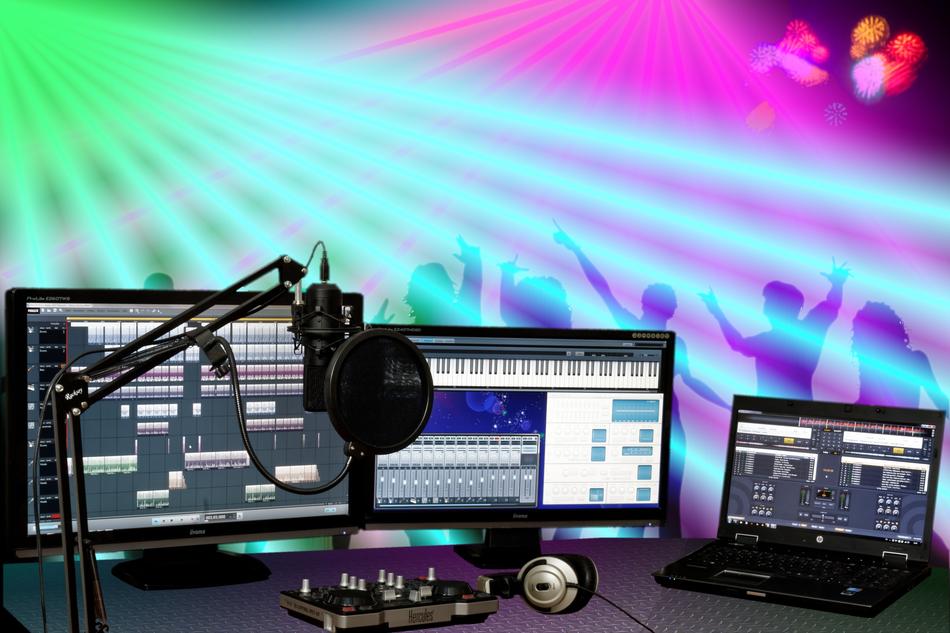 Devices and other tools on the party, with the people, in the colorful lights, clipart