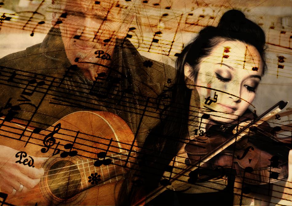 violinist and guitarist on the background of old notes