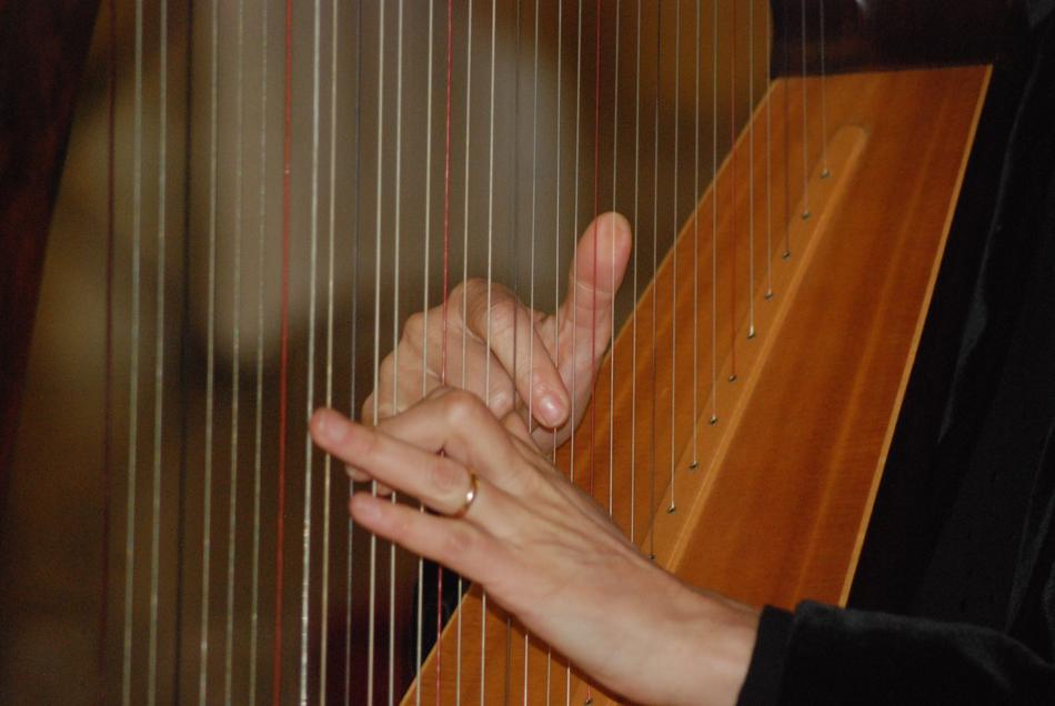 Person, playing on the beautiful Celtic harp, on the concert