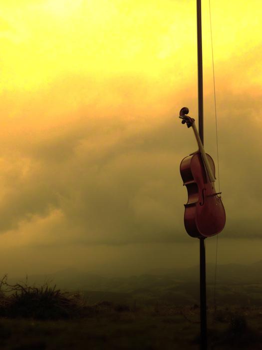violin tied to a pole on a background of fog