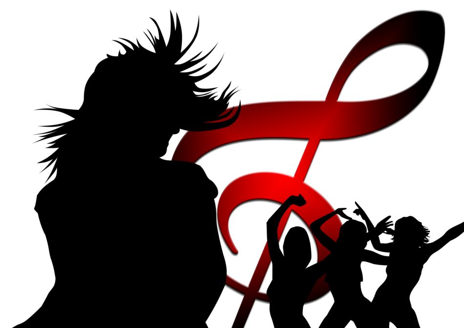 four silhouettes of girls on the background of a treble clef