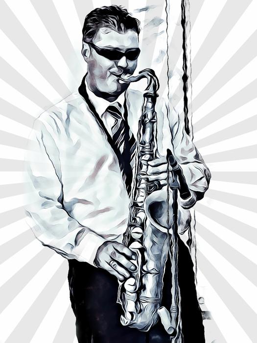 black and white image of saxophonist