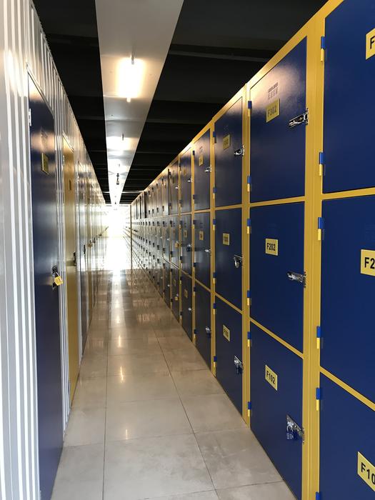 Blue and yellow lockers in the music library