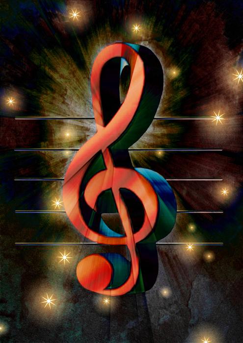 red treble clef against the background of the starry sky