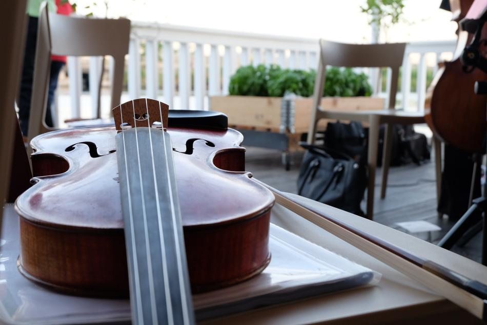 Beautiful, shiny, brown wooden violin on the street, among the architecture