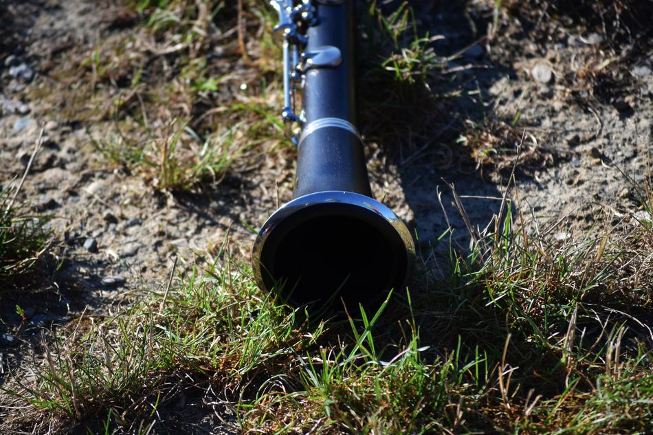 Beautiful, black clarinet with metal details on the grass
