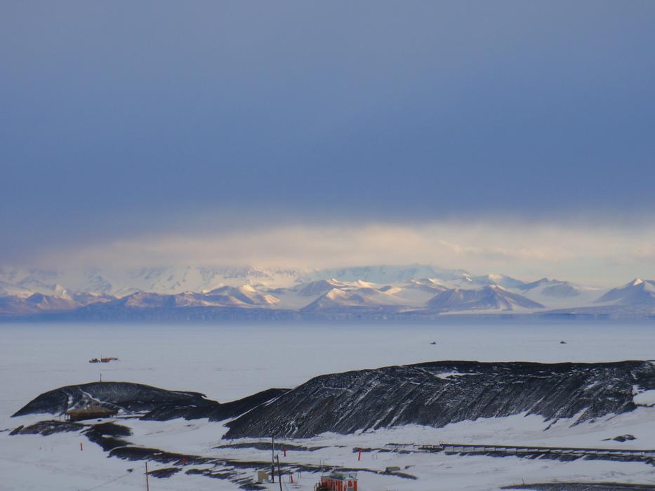 Royal Society Range, scenic mountains at ice covered sea in antarctica