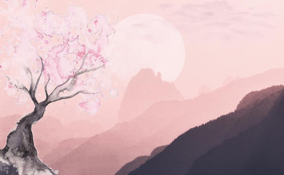 Beautiful landscape with the blossoming, pink and white tree on the mountain with a planet, behind the mountain