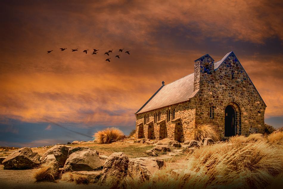 Church Sunset and bird drawing