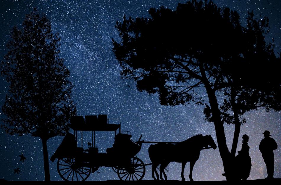 wagon with horses on the starry sky as a digital fantasy