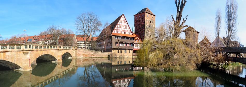 medieval hangman's bridge in old city at spring, germany, nuremberg