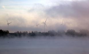 foggy sunrise over wind turbines